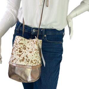 NEW Neuville Anthropologie Small Shimmer Bucket Bag in Cowhide Leather & Gold